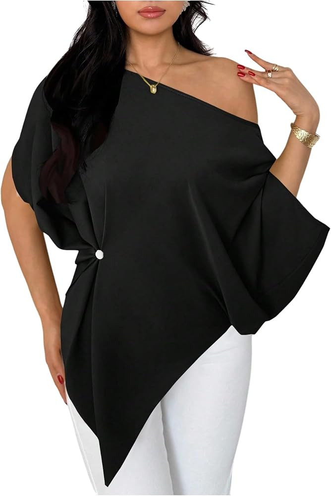 SHENHE Women's Off Shoulder Dolman Sleeve Blouses Casual Asymmetrical Hem Loose Flowy Tops | Amazon (US)