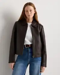 100% Leather Cropped Zip-Front Jacket in Rich Brown | Quince