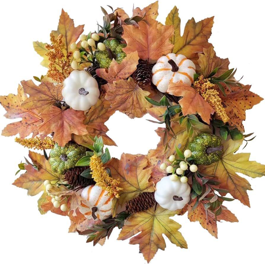 WANNA-CUL 18 Inch Fall Wreath for Front Door with White Green Pumpkins and Maple Leaves for Table Ce | Amazon (US)
