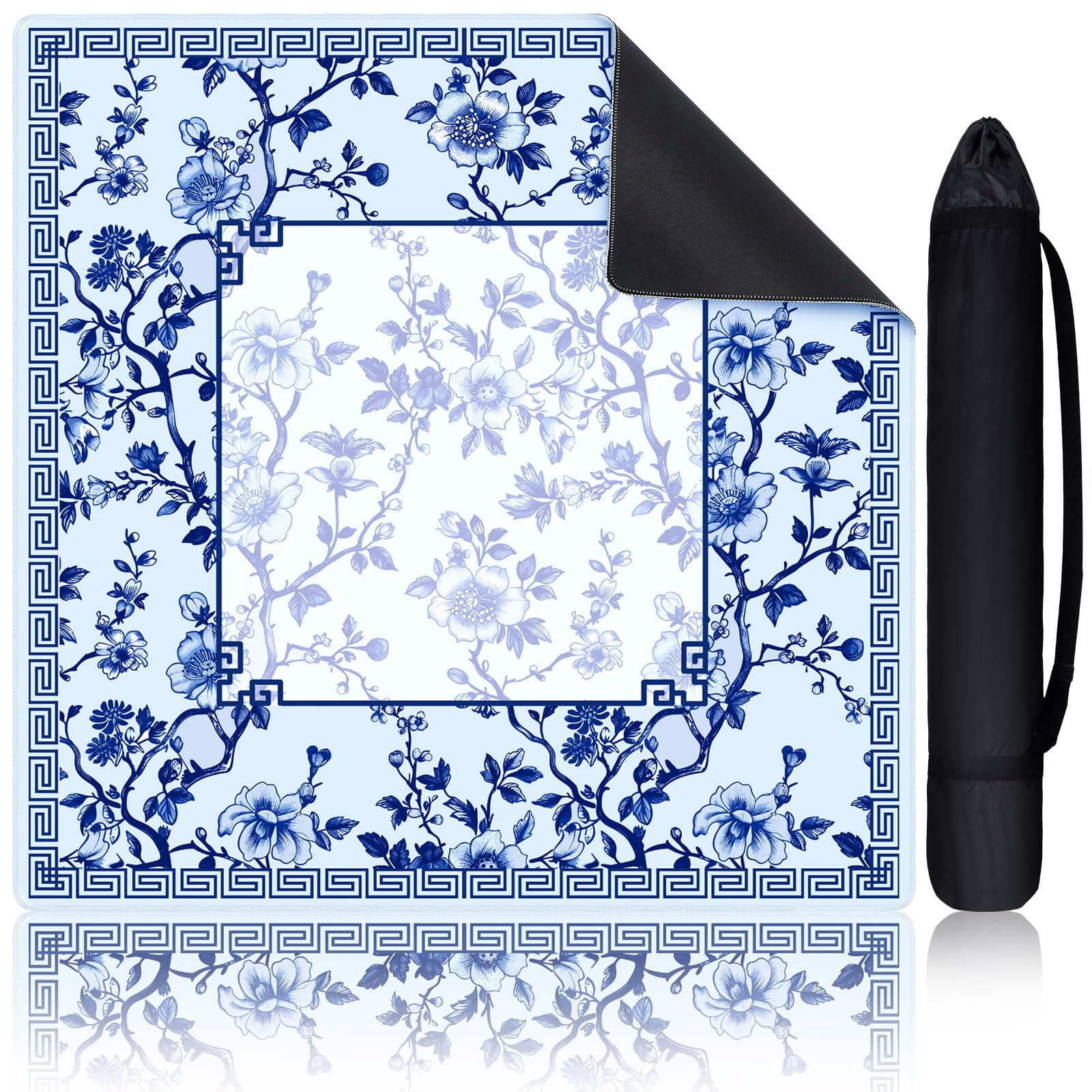 Chinoiserie Mahjong Mat with 1 Carrying Bag 31.5" x 31.5" Blue and White Rubber Anti Slip and Noi... | Amazon (US)