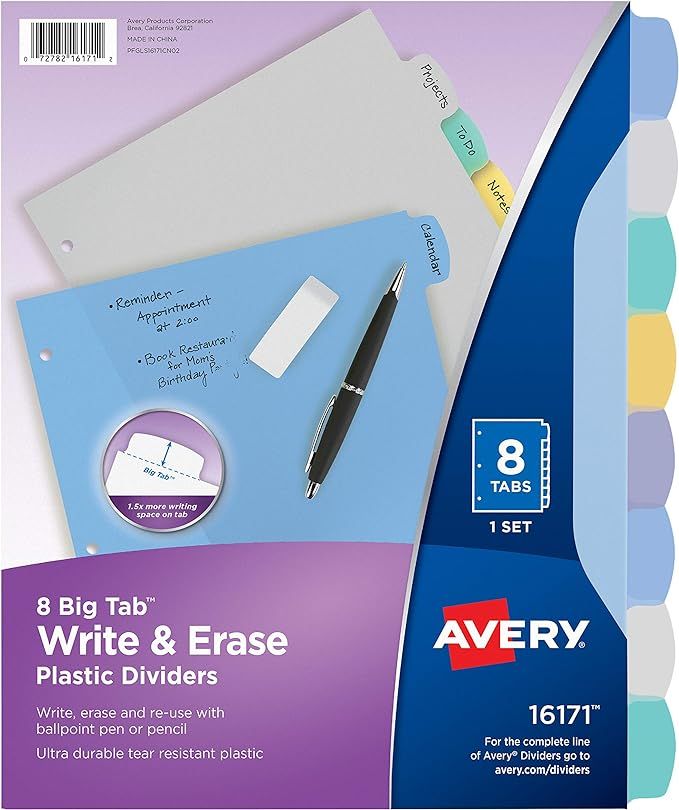 Avery 8-Tab Plastic Binder Dividers, Write & Erase Multicolor Big Tabs, 1 Set (16171),Translucent... | Amazon (US)