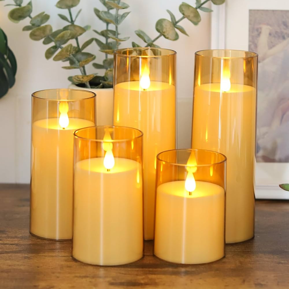 Amber LED Flameless Pillar Candles Battery Operated with Remote and Timer, Set of 5 (D 3"×H 4" 5... | Amazon (US)