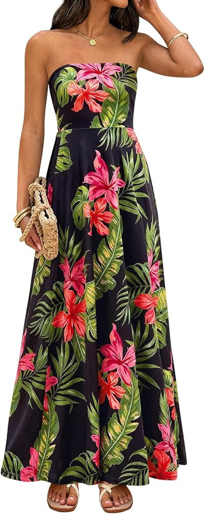 PRETTYGARDEN Sleeveless Floral Summer Maxi Dresses for Women 2026 Tube Top Flowy Long Dress Tropi... | Amazon (US)