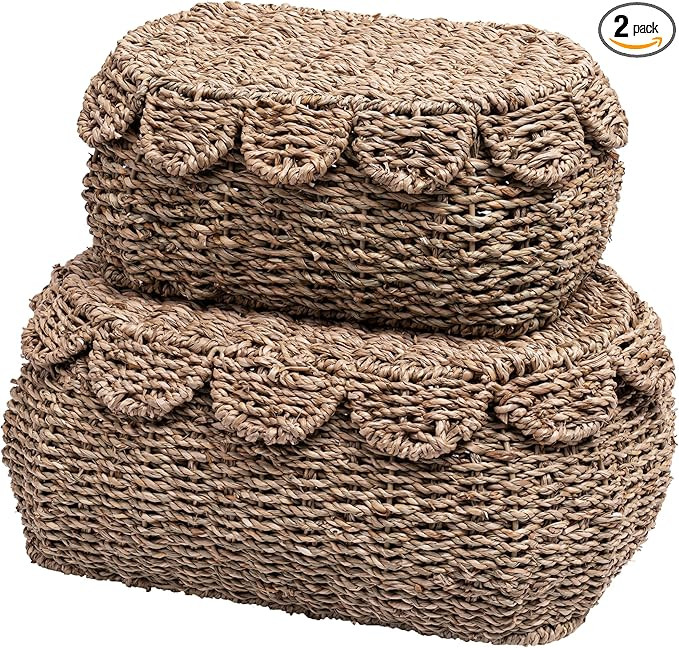 Set of 2 Hand Round Wicker Storage Baskets, Rattan Basket Decorative Boxes, Woven Storage Box Sea... | Amazon (US)