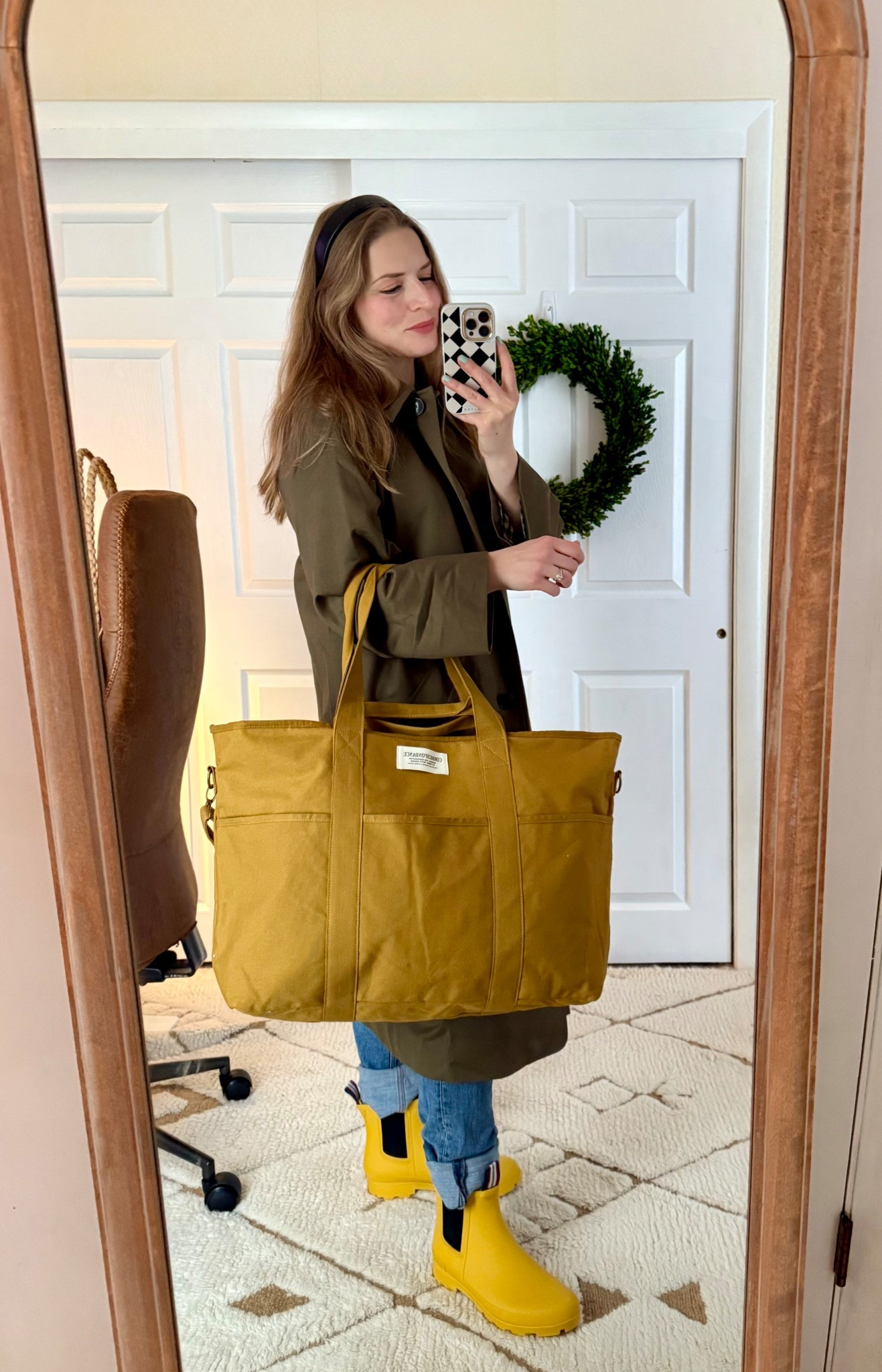 Fisherman aesthetic, trench coat, rain boots, yellow boots, weekender, yellow bag, mustard yellow, spring fashion, practical, mom fashion 

#LTKTravel #LTKShoeCrush #LTKSeasonal