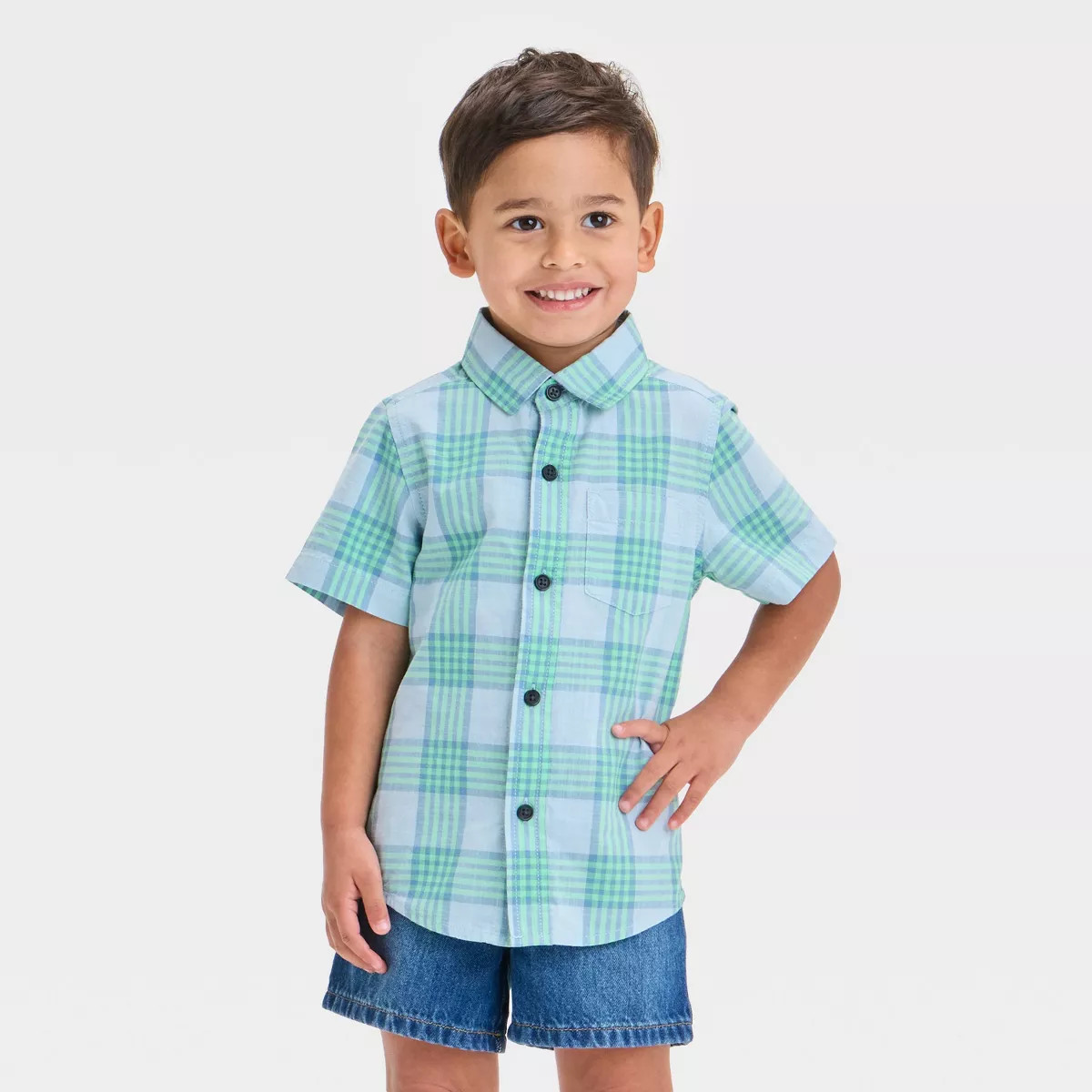 Toddler Boys' Short Sleeve Plaid Poplin Woven Shirt - Cat & Jack™ Blue/Green | Target