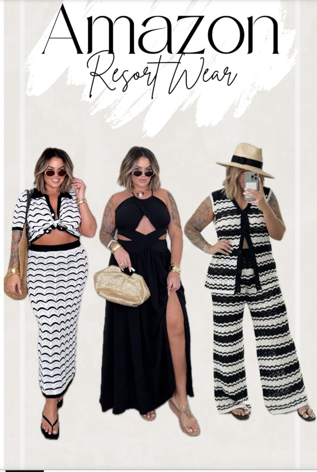Left set XL
Dress L
2 pcs pant set no longer available 
Gold bag linked similar 



#amazonfashion #resortwear #vacationoutfits #summerstyle #amazonfinds #midsizestyle #effortlessstyle #beachoutfits #vacationstyle #amazonstyle #ootdinspo #styleinspo #resortstyle #summeroutfits #ltkstyle