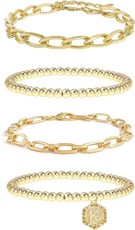 Gold Plated Bracelets For Women Gold Initial Bracelets Stackable Bead Bracelet Set Layered Gold C... | Amazon (US)