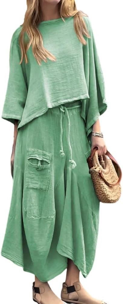 Akivide Women's Summer Cotton Gauze Skirt 2 Piece Sets Outfits Batwing Sleeve Top Elastic Waist M... | Amazon (US)