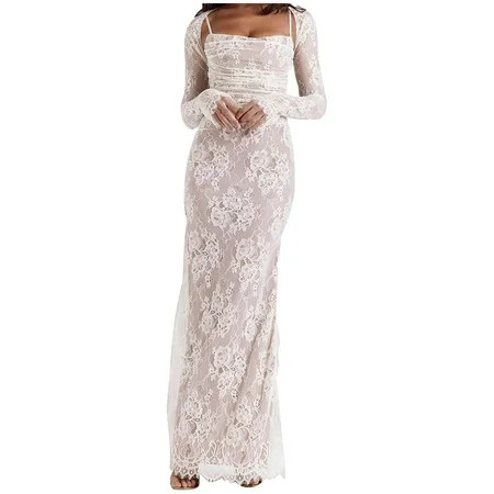 Sexy Square Neck Tie Strap Maxi Dress with Sheer Lace Long Sleeves Crochet Detail & Shawl Elegant Evening Gown | Walmart (US)