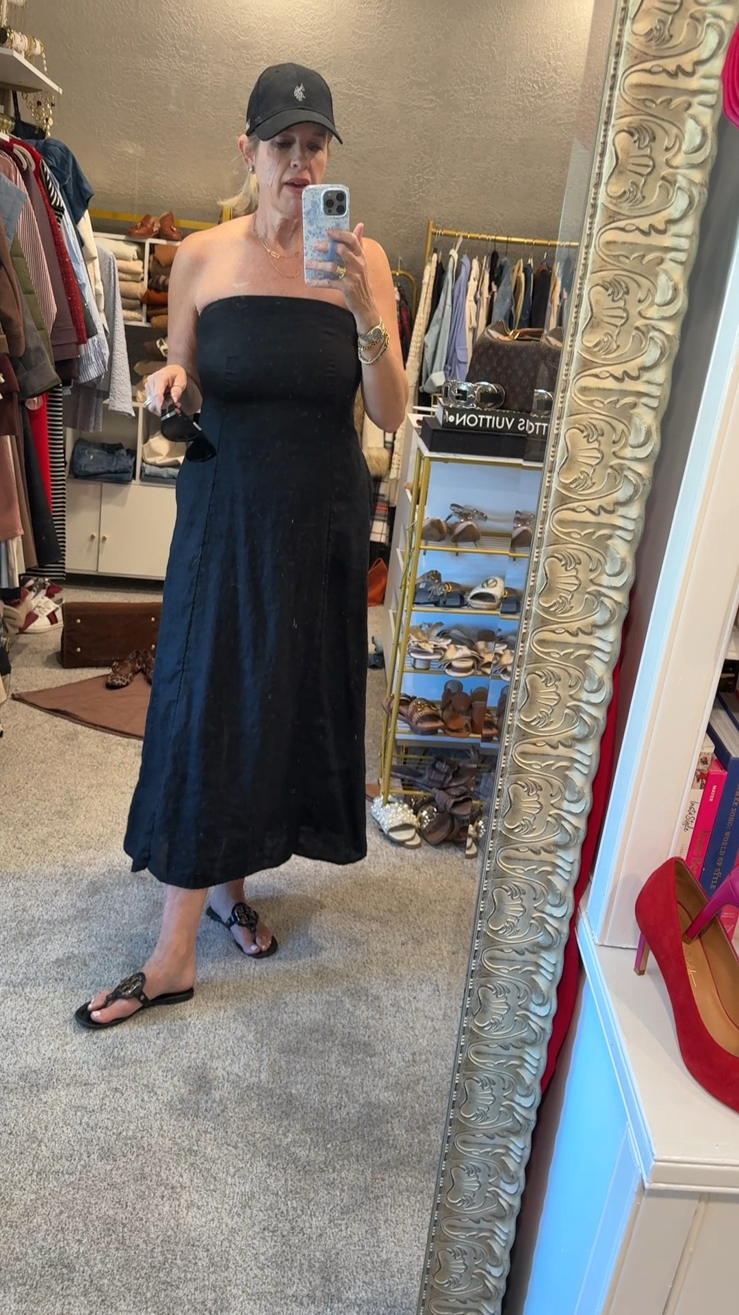 Saturday, convertible drive with the hubby outfit✔️

Ralph Lauren baseball cap in black 

Quince strapless linen dress fits tts wearing a med 

Tory Burch miller sandals with gold logo 

Manufactured diamond earrings studs 

Lip is a crayon stain by tresquic 

Merit make up

#LTKgrwm #LTKootd #LTKOver40