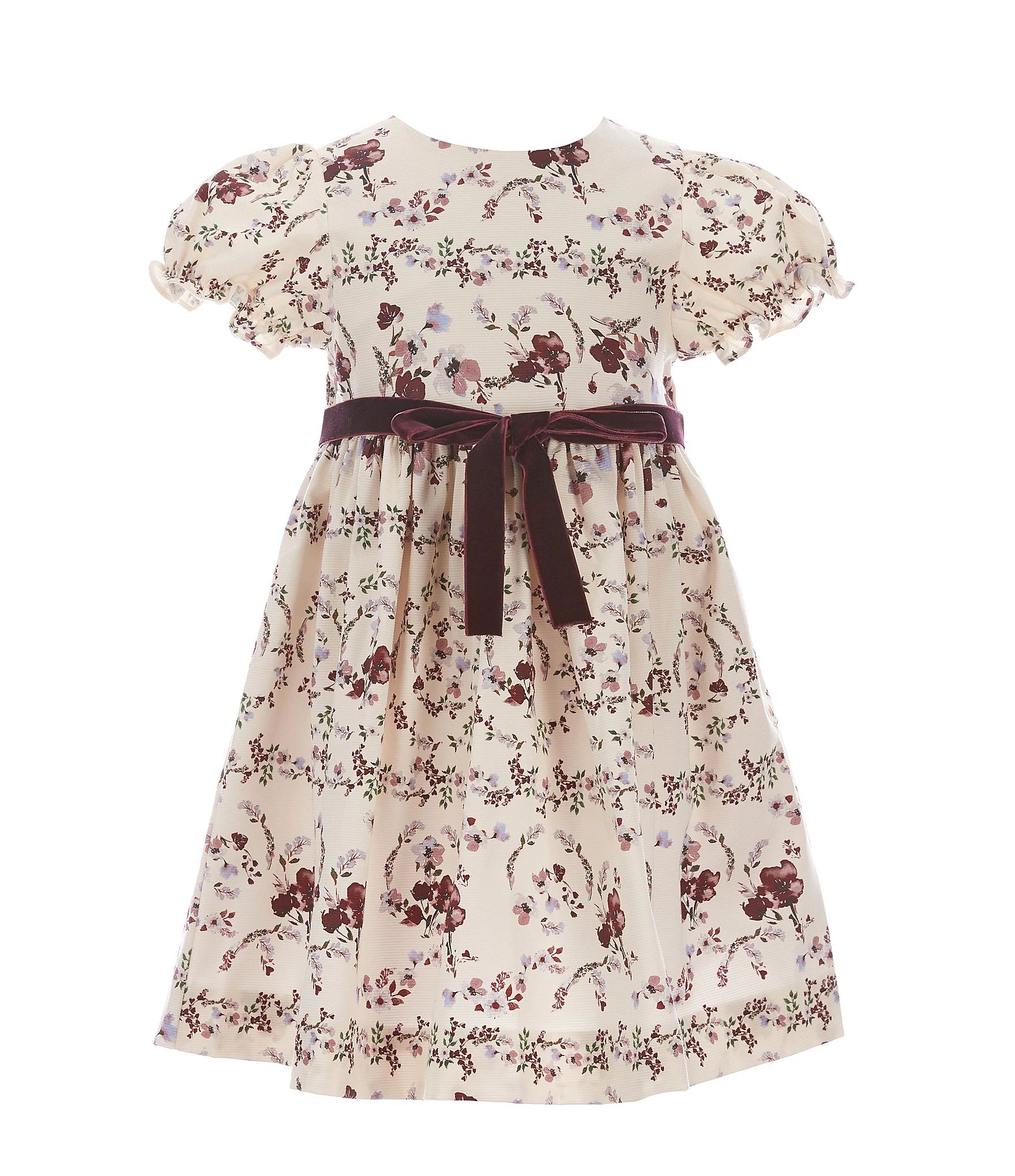 X Nicola Bathie Little Girls 2T-6X Puff-Sleeve Velvet-Ribbon Textured Floral A-Line Dress | Dillard's