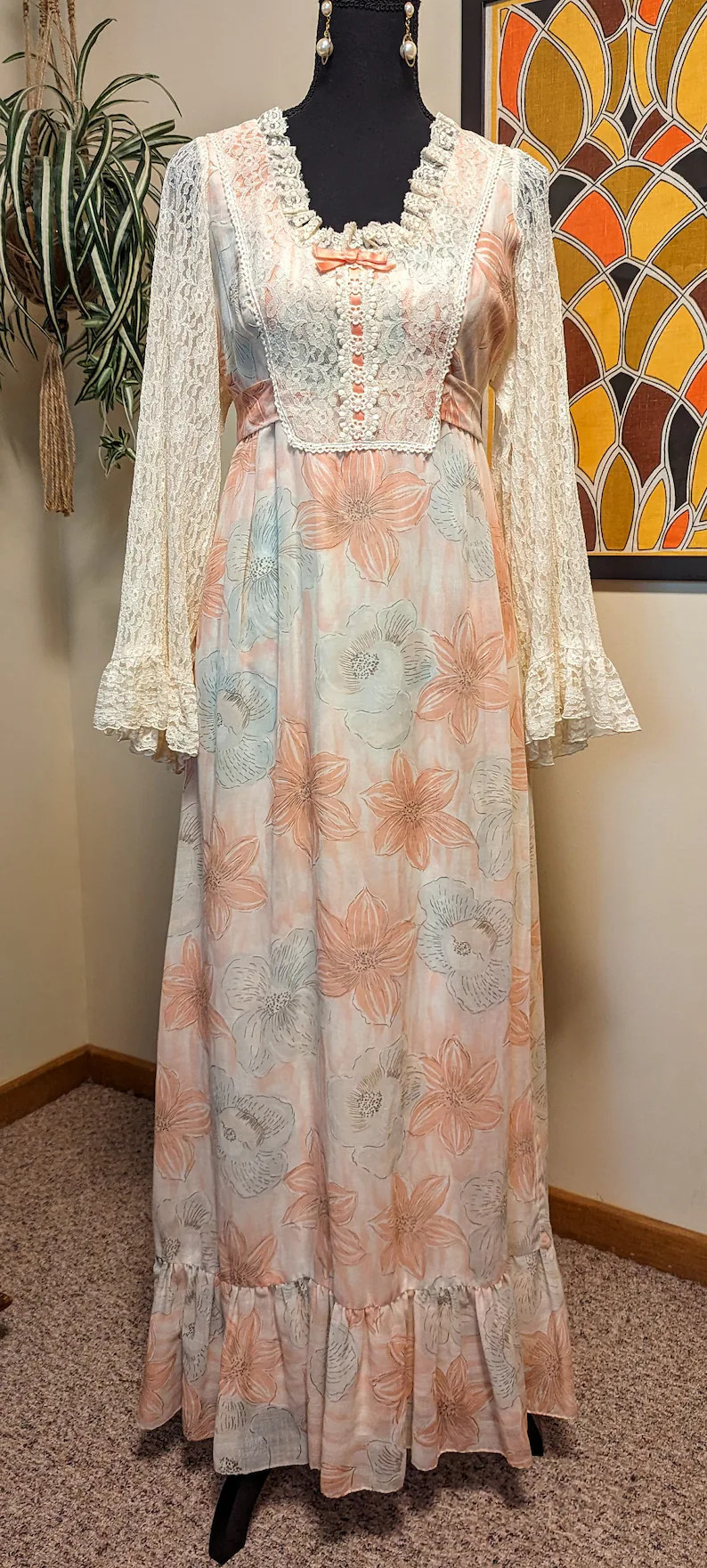 Vintage 1970s Floral & Lace Angel Sleeve Ruffle Square Neckline Tiered Prairie Cottagecore Maxi D... | Etsy (Global)