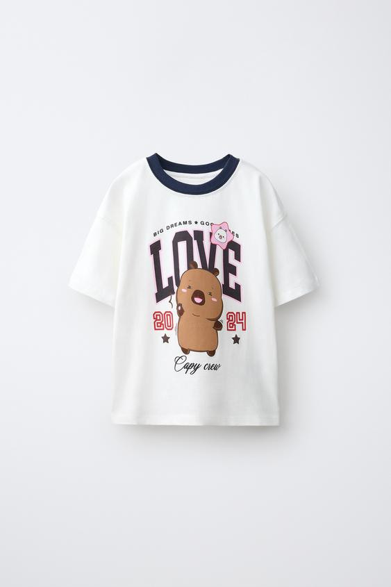Zara - Capyfun © Varsity Print T-Shirt - White - 8-9 Years (51,6 Inches) - Kids | Zara US