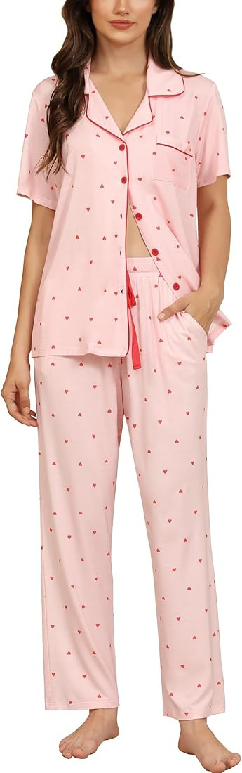 Samring Women's Short Sleeve Shirt and Pajama Pant Pj Set Button Down Sleepwear 2 Piece Sleep Set... | Amazon (US)