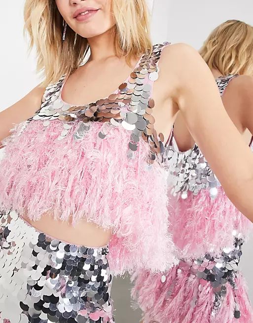 ASOS EDITION paillette sequin crop top with faux feather hem in pink | ASOS | ASOS (Global)