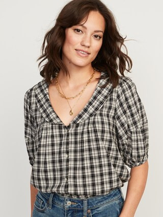 Puff-Sleeve Plaid Peter Pan Collar Shirt for Women | Old Navy (US)