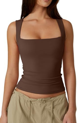 QINSEN Women's Square Neck Sleeveless Double-Layer Tank Tops Basic Tight T Shirts | Amazon (US)