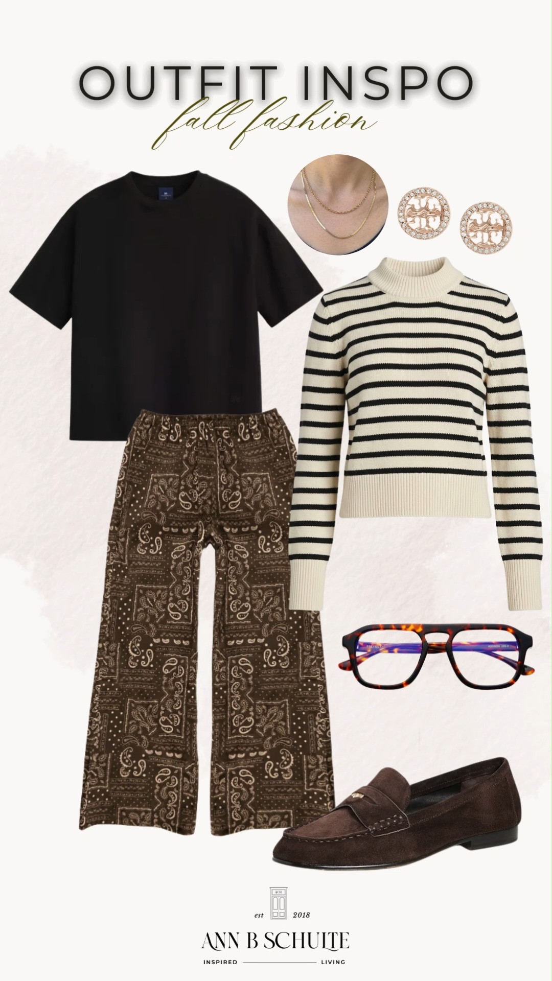 Fall fashion, but make it effortlessly cool 🍂 This outfit mixes a classic black tee with paisley wide-leg pants, a cozy striped sweater, rich brown loafers, and playful statement glasses for that perfectly layered, vintage-inspired vibe. Easy pieces, unexpected prints, and just enough personality to make the whole look feel styled without trying too hard. 🤎👓🍁

#FallFashion #FallOutfits #FallStyle #CasualFallOutfit #WideLegPants #StripedSweater #BrownLoafers #VintageInspiredStyle #EverydayStyle 

 #LTKootd