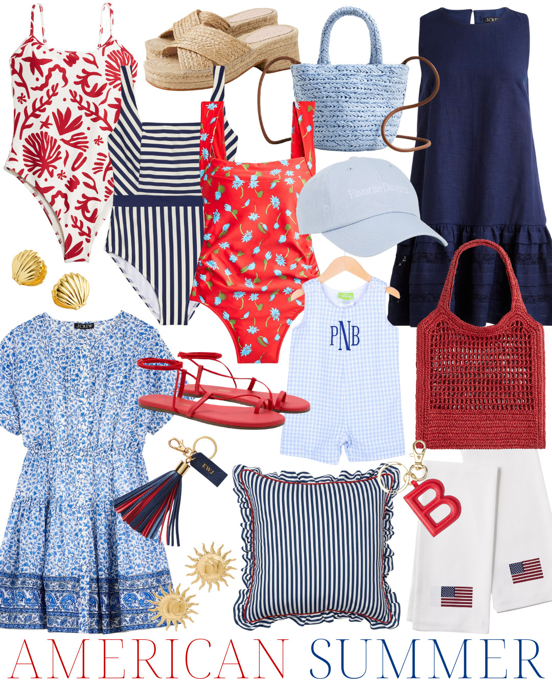 red white and blue | american summer style | coastal summer | patriotic fashion | summer family outfits | classic swimsuits | girls summer dress | preppy summer | americana decor | beach vacation looks | july 4th outfit | red swimwear | blue gingham romper | striped pillow | summer sandals | straw bag | scallop earrings | monogram keychain | coastal grandmother style | matching family swim 

 #LTKSeasonal #LTKStyleTip #LTKSwim
