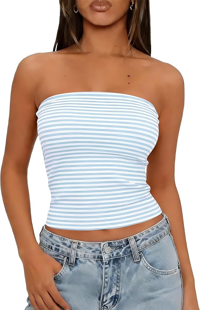 LOMON Summer Tube Tops for Women 2026 Y2k Sexy Going Out Crop Strapless Sleeveless Basic Fitted B... | Amazon (US)