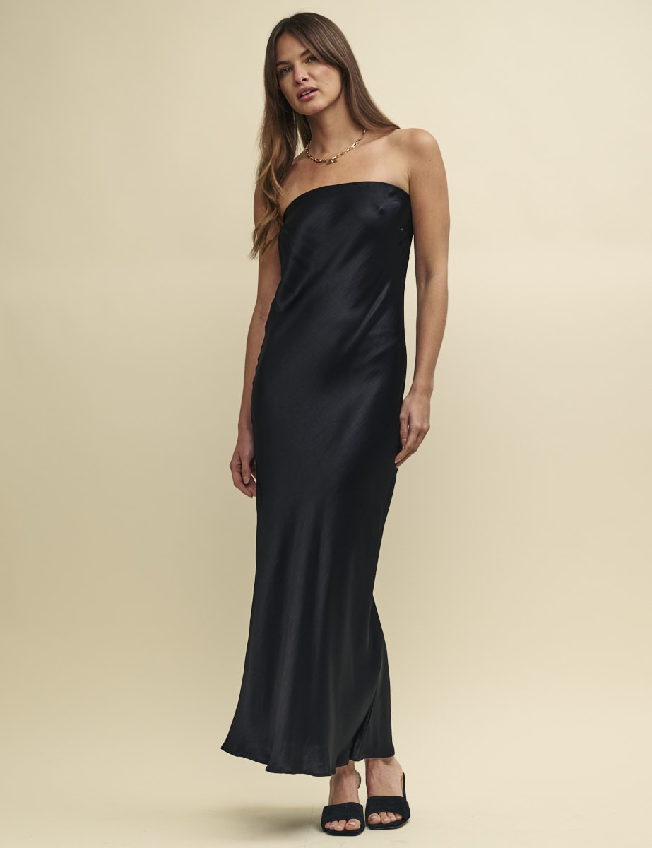 Black Satin Bandeau Slip Elle Midi Dress | Nobody's Child
