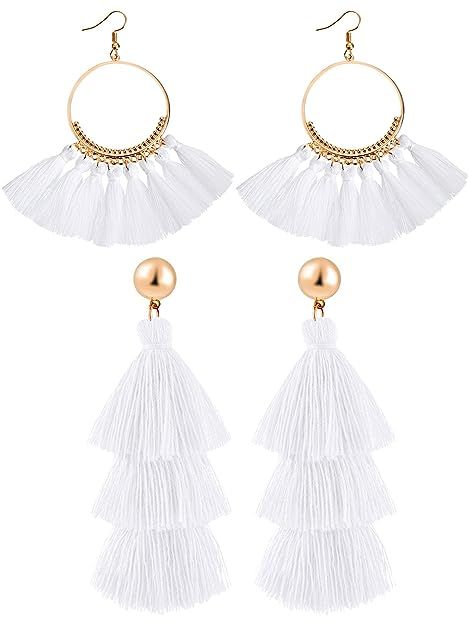 Hestya 2 Pairs Tassel Earrings for Women Girls Handmade 3 Tiered Tassel Dangle Earrings and Gold ... | Amazon (US)