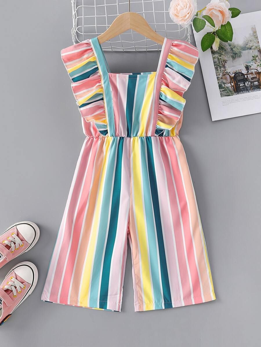 Toddler Girls Rainbow Striped Ruffle Trim Jumpsuit | SHEIN