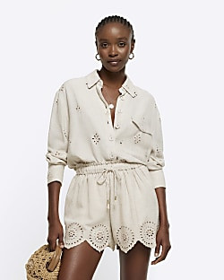 Stone linen blend broderie shorts | River Island (UK & IE)