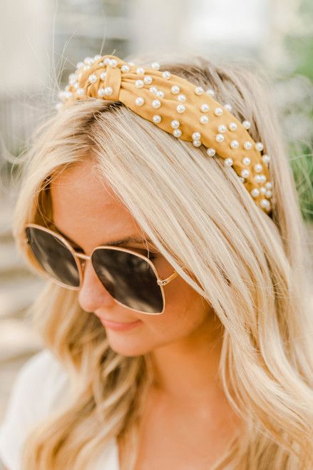 Escape With My Heart Mustard Pearl Headband | The Pink Lily Boutique