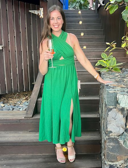 Fall destination wedding guest dress! For the tropical inspired wedding, I went with a palm leaf green 💚 

The fabric was light and breathable and kept me cool through the 90 degree ceremony! Add pops of gold with a mini purse and comfortable sandals to complete the look.

#LTKtravel #LTKwedding