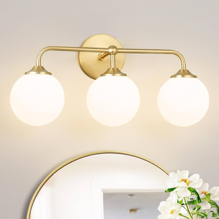 Modern Brushed Gold 3-Lights Vanity Light Fixtures with Milky White Glass Ball Shades, Mid Centur... | Amazon (US)