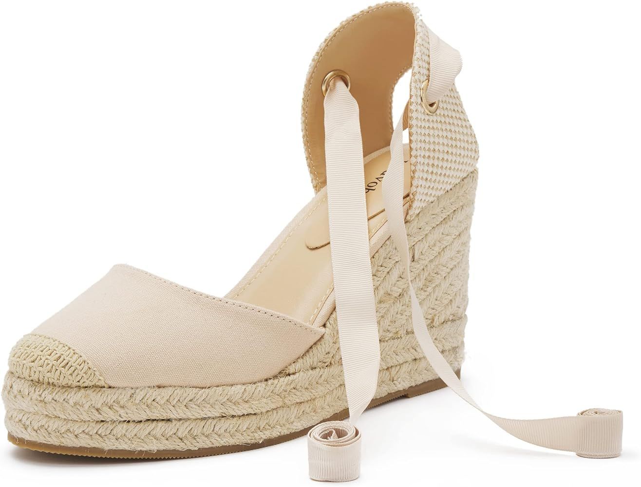 vodvob Women's Heel Platform Espadrille Wedge Sandals, Soft Ankle-Tie Lace Up Closed Toe Summer D... | Amazon (US)