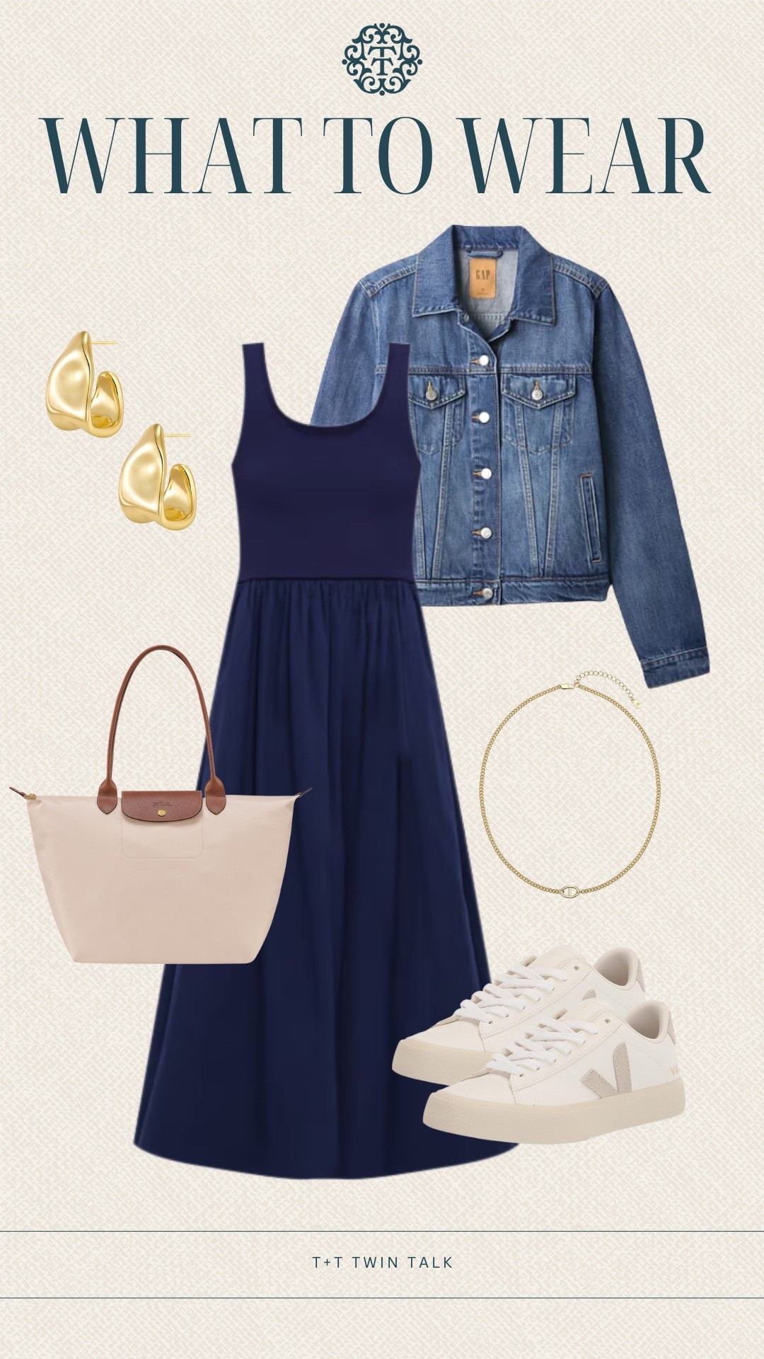 What to wear while transitioning from summer to fall! This navy dress paired with a denim jacket for when it gets chilly. We accessorized with Veja sneakers, a Longchamp purse and gold jewelry. 

#LTKSeasonal #LTKOver40 #LTKStyleTip