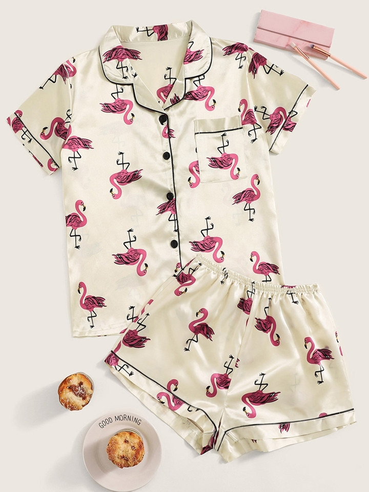 Flamingo Print Satin Pajama Set | SHEIN