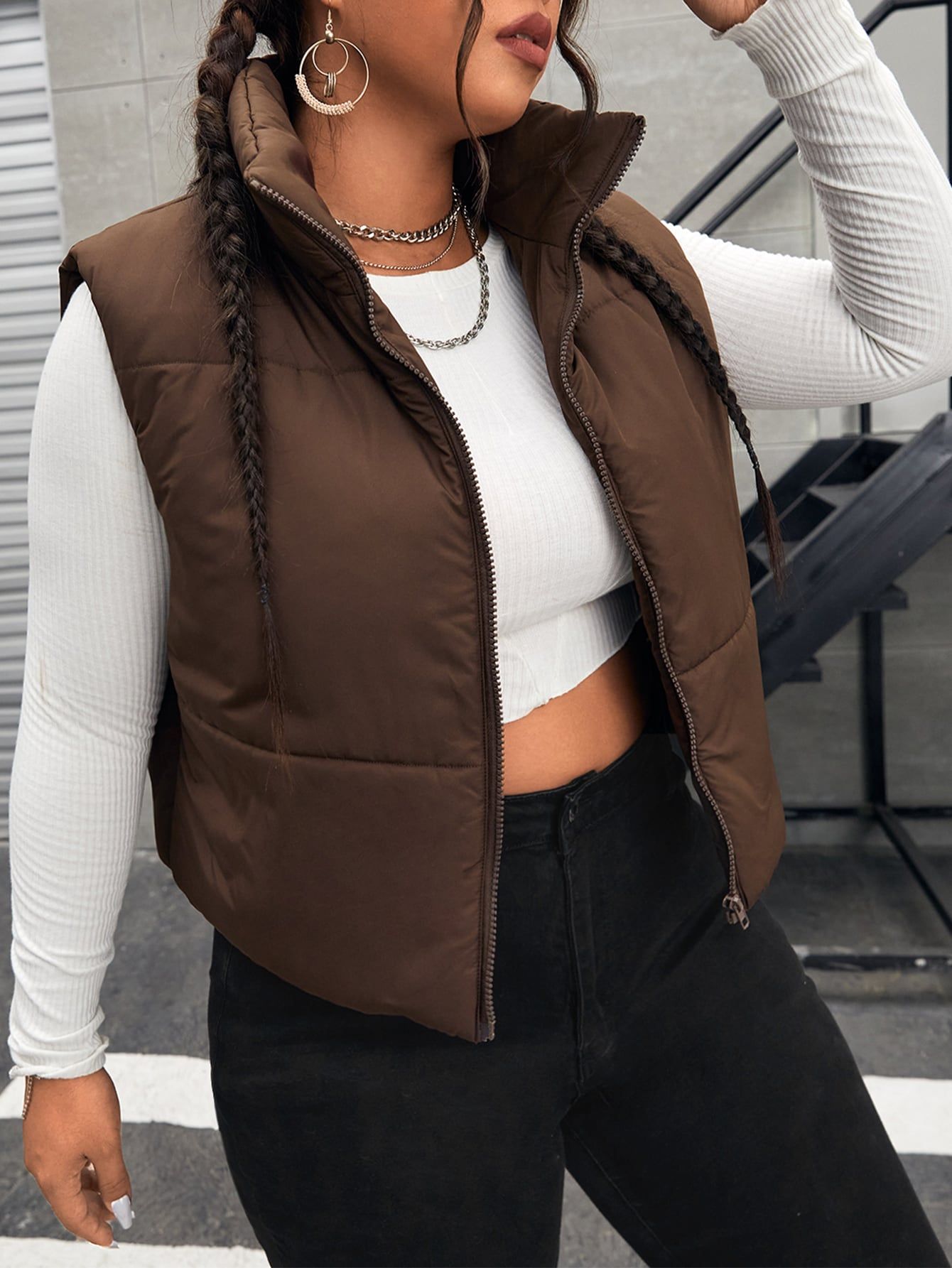 SHEIN EZwear Plus Zip Up Puffer Vest Coat | SHEIN