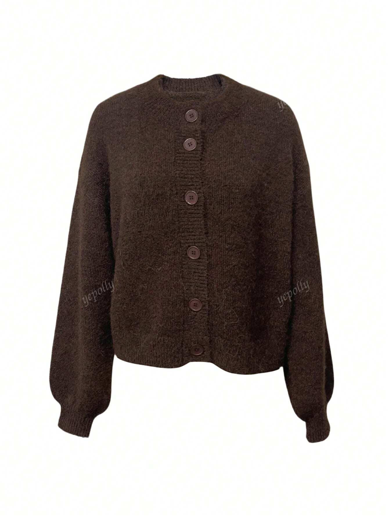 Women Autumn And Winter Leisure Elegant Languid Slouchy Round Collar Long Sleeve Button Cardigan ... | SHEIN