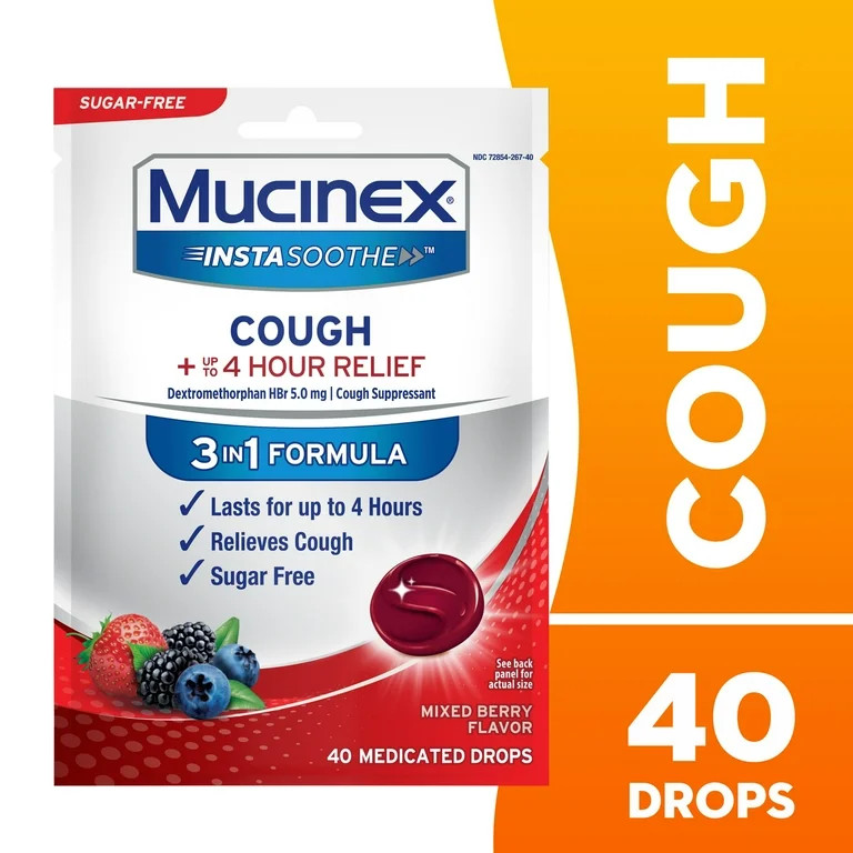 Mucinex Instasoothe Sugar Free Cough Drops, Cough Medicine for Adults, Mixed Berry, 40ct | Walmart (US)
