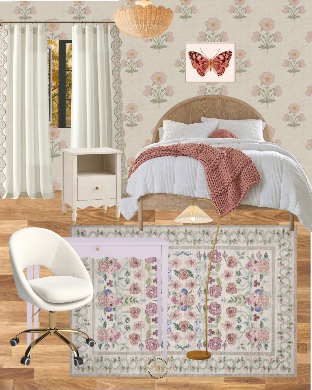 Beautiful teen girl bedroom! I love the wallpaper from Chasing Paper, gorgeous floral rug, affordable desk chair from Wayfair, nightstand, scalloped curtains, art from Minted and purple scalloped desk. #homedecor #teenbedroom

#LTKStyleTip #LTKHome #LTKKids