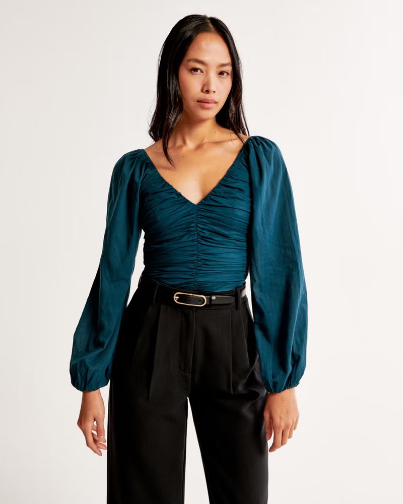 Long-Sleeve Sheer Cotton Cinched Top | Abercrombie & Fitch (US)
