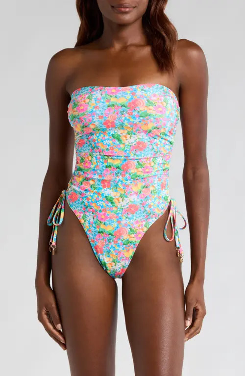 Kulani Kinis Strapless Cinched Tie One-Piece Swimsuit in Mermaid Garden at Nordstrom, Size Small | Nordstrom