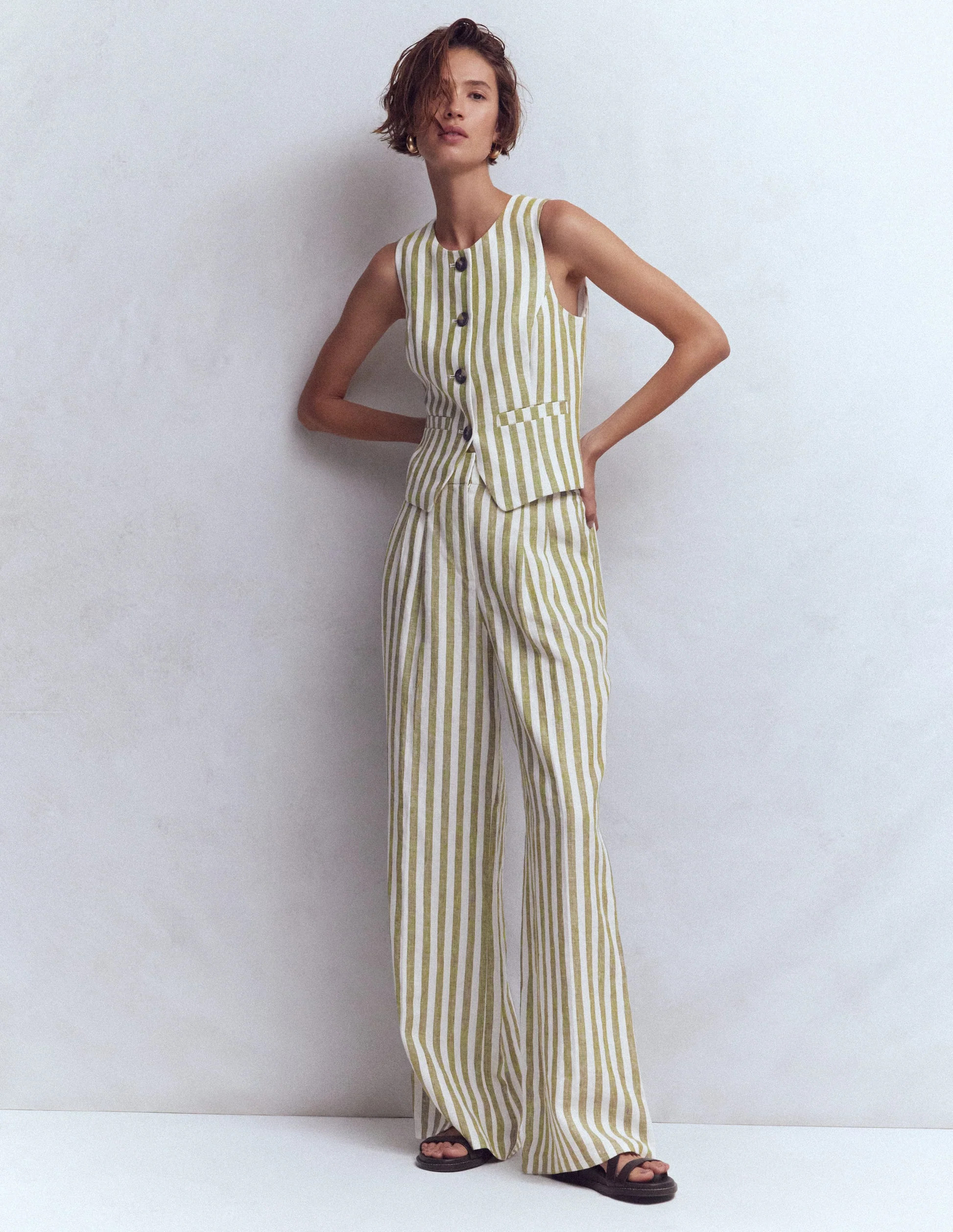 Linen Scoop Neck Waistcoat-Olive, Ivory Stripe | Boden UK