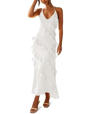 Wenrine Womens Sexy Chiffon Halter Maxi Dress Sleeveless Backless Ruffle Tassel Party Club Dresse... | Amazon (US)