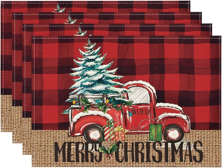 Artoid Mode Red and Black Buffalo Plaid Truck Merry Christmas Placemats Set of 4, 12x18 Inch Xmas... | Amazon (US)