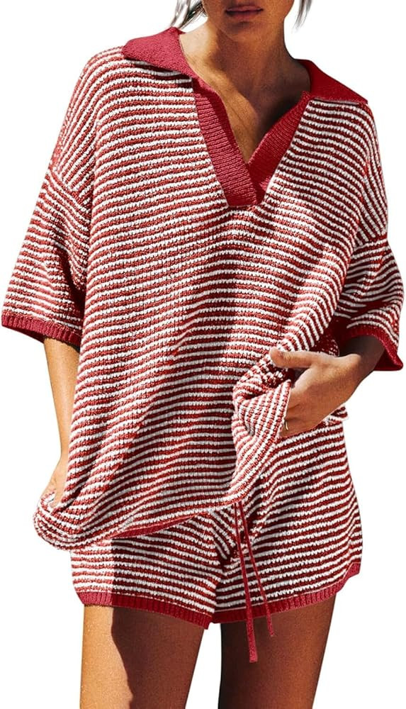 Tankaneo Womens Sweater Set 2 Piece Outfits Oversized 3/4 Sleeve V Neck Knit Tops High Waisted Sh... | Amazon (US)