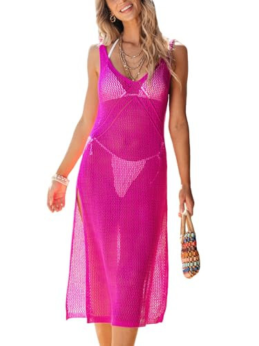 CUPSHE Women's Crochet Swimsuit Coverup Hollow Out Cutout Beach Cover Ups Long Knit Dress Hot Pink Large | Amazon (US)