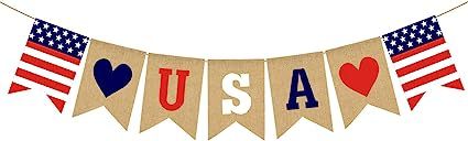 Jute Burlap USA Banner American Independence Day 4th of July Mantel Fireplace Decoration | Amazon (US)