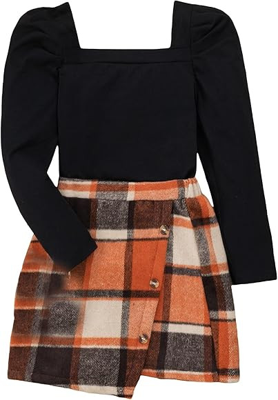 SOLY HUX Girl's 2 Piece Outfits Square Neck Long Sleeve Tee and Plaid Asymmetrical Hem Skirt Set | Amazon (US)