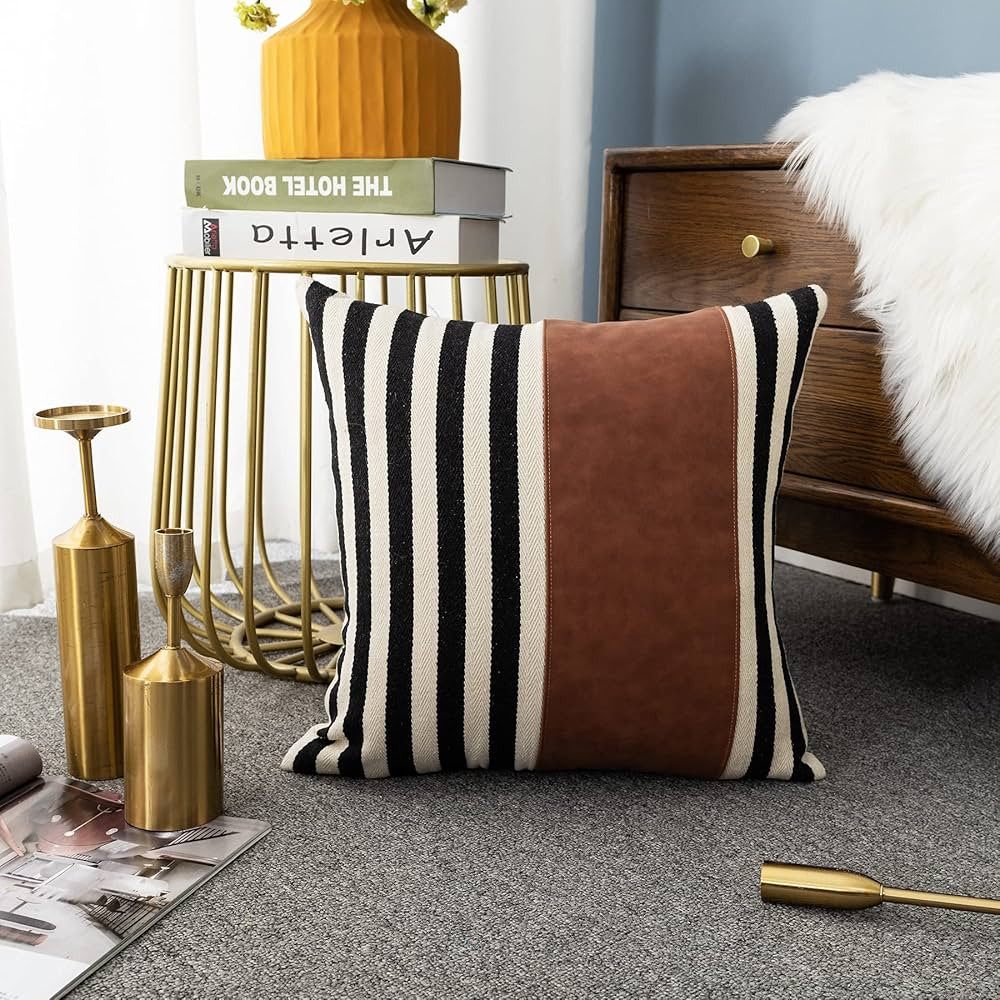 LIGICKY Farmhouse Decorative Boho Throw Pillow Covers, Brown Faux Leather Patchwork Black and Whi... | Amazon (US)