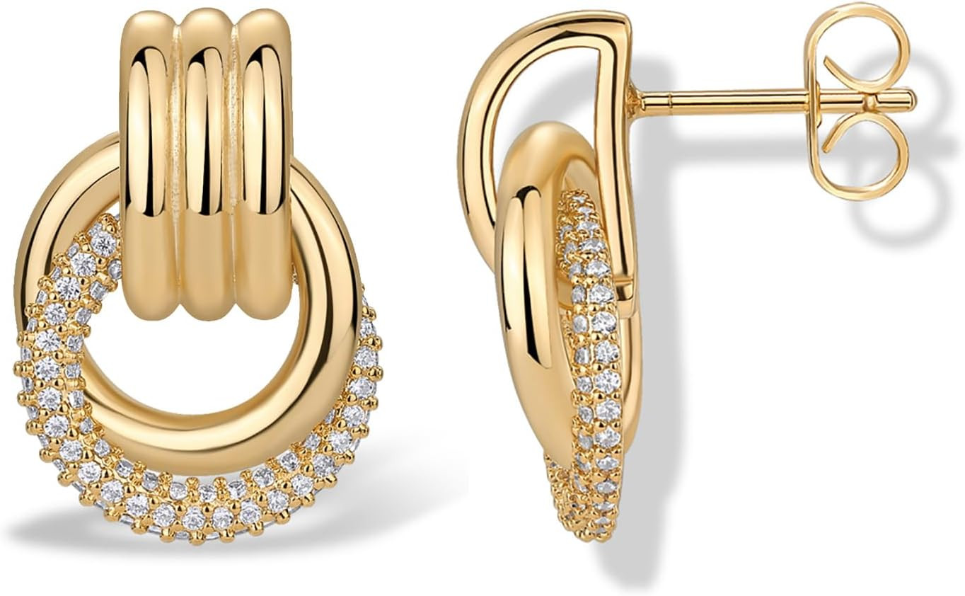 PAVOI Dangle CZ Knot Earrings for Women, 14K Plated Chunky Gold Earrings | Amazon (US)